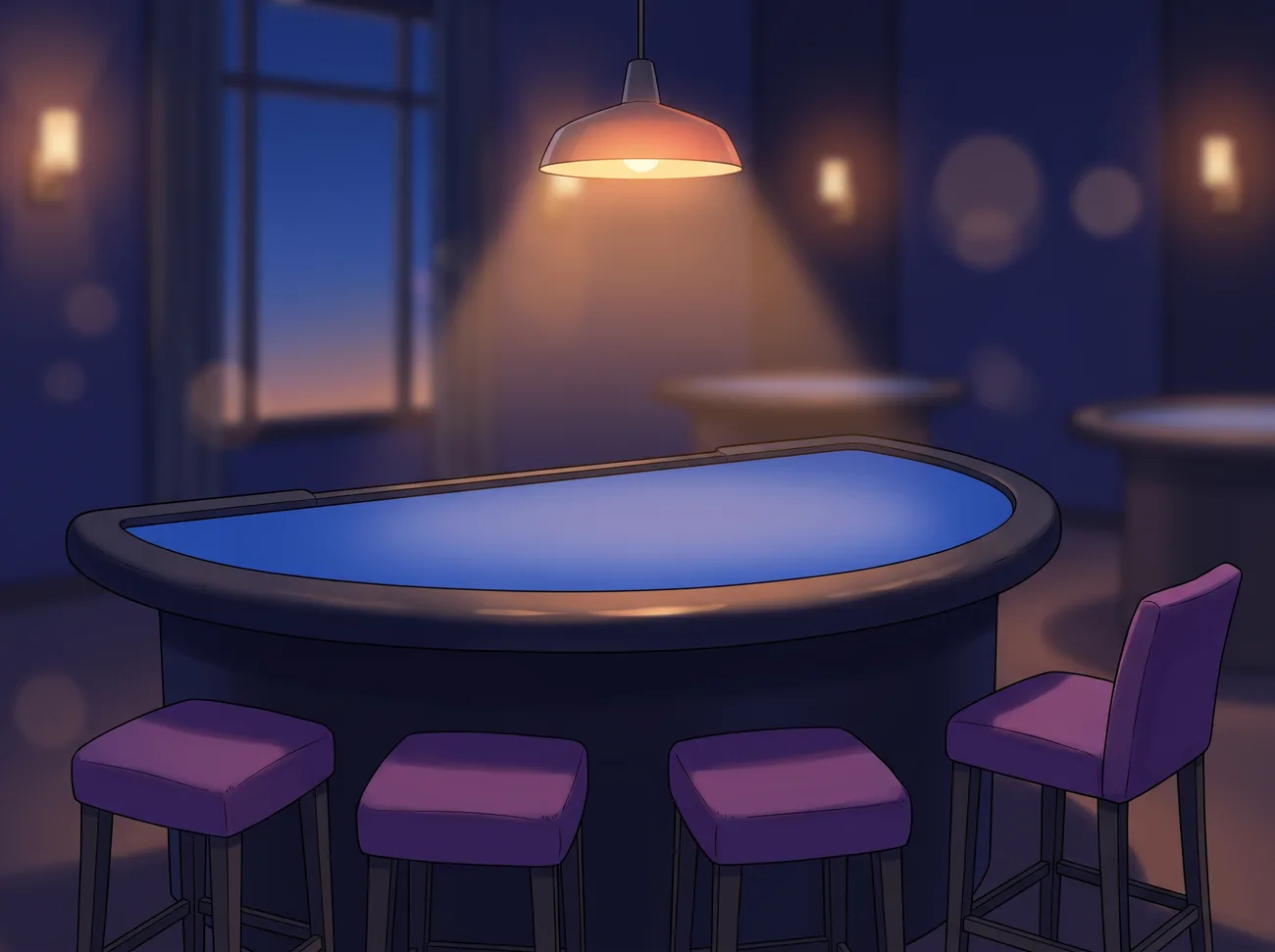 Illustration: an empty table with clear blue felt and four violet stools under a warm pendant lamp in a quiet room at dusk