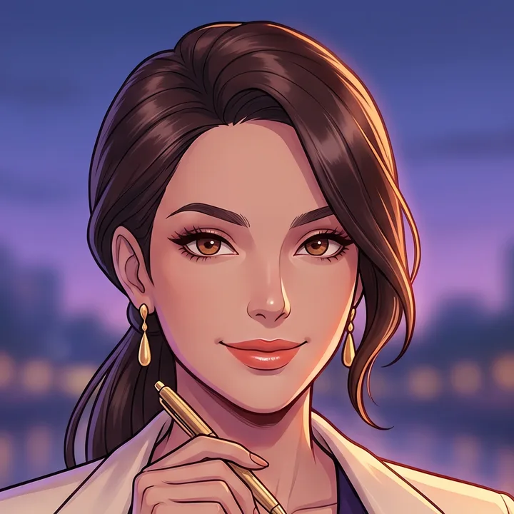 Head-and-shoulders anime-style drawing of Naomi Sterling, the guide's illustrated host, holding a pen