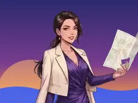 Naomi Sterling, l'animatrice dessinée, tenant une carte pliée devant un ciel de coucher de soleil