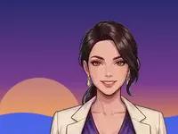 Naomi Sterling, l'animatrice dessinée qui tient l'affiche de cette page, devant un ciel de coucher de soleil
